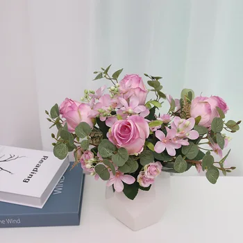 Artificial rosa hortênsia casa, decoração, bouquet de noiva mão segurando um pano de seda flores secas 5 garfos de Melbourne falso flores