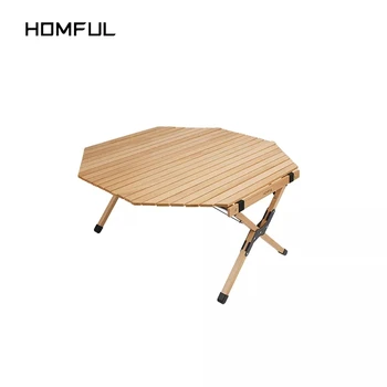 Exterior do sólido de madeira octogonal rolo de ovo mesa camping dobrável mesa portátil para o pátio churrasqueira auto-condução mesa de piquenique