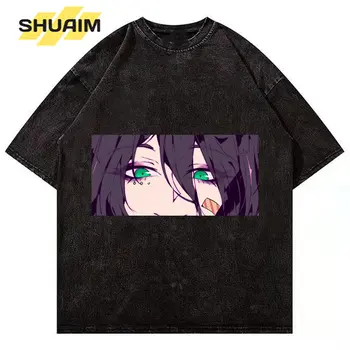 SHUAIM Homens Verão Punk Camiseta de Manga Curta Topo Personagem de Anime de Impressão Hip Hop Lavado T-Shirt de Streetwear Harajuku Algodão Solto Tee