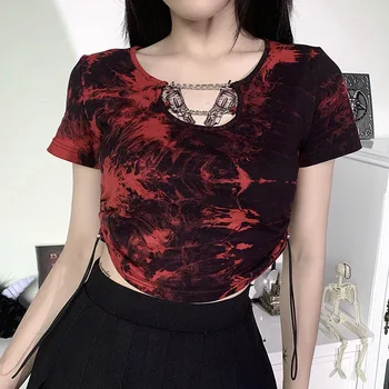 Vermelho Goth Mulheres Tie Dye Curta T-shirts Corrente Cordão Hipster Camiseta Apertada Legal Básico Superior Colar de Metal de Moda 2022 Verão Senhora